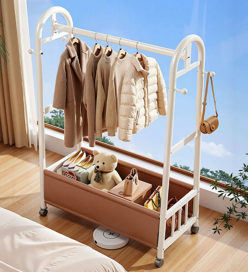 Joybos® Portant à vêtements autoportant, robuste, avec panier de rangement en cuir et roulettes verrouillables F275