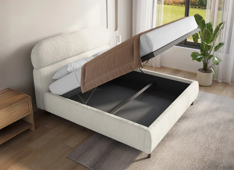 Lit coffre en velours chiné beige 140x190cm MELO