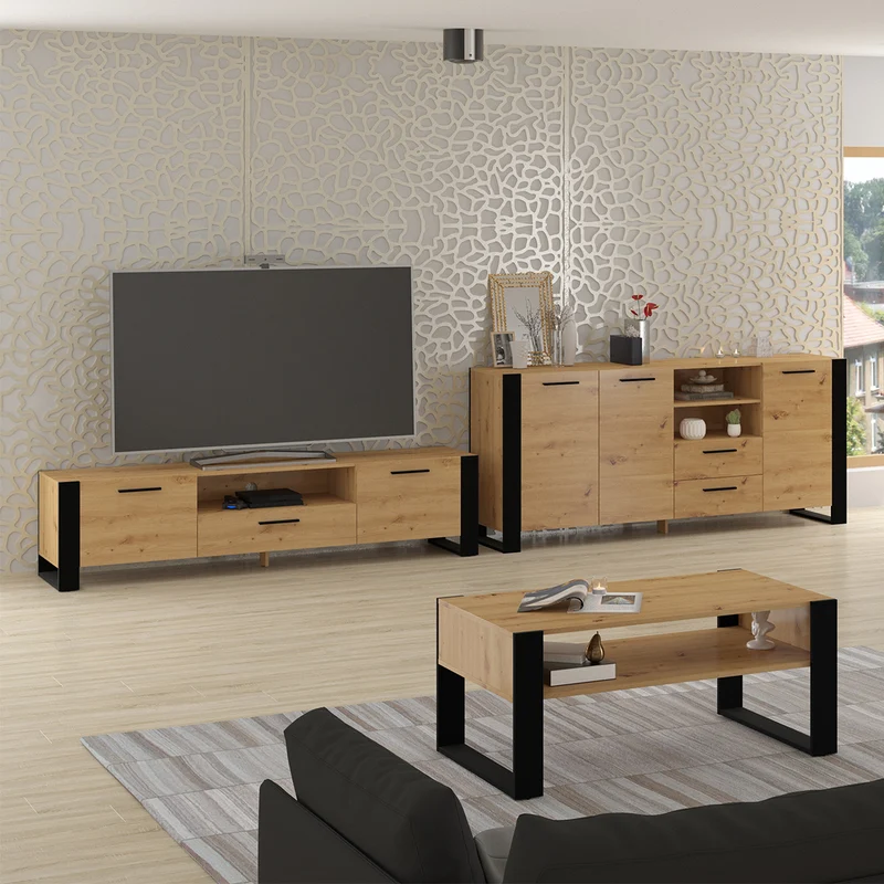 Meuble TV 3 portes 200 cm Nouka Bois et Noir