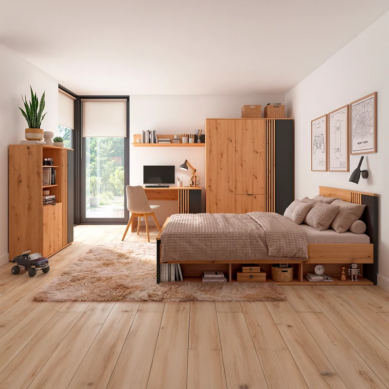 Lit 90x200 sommier inclus Ezra Bois et Noir