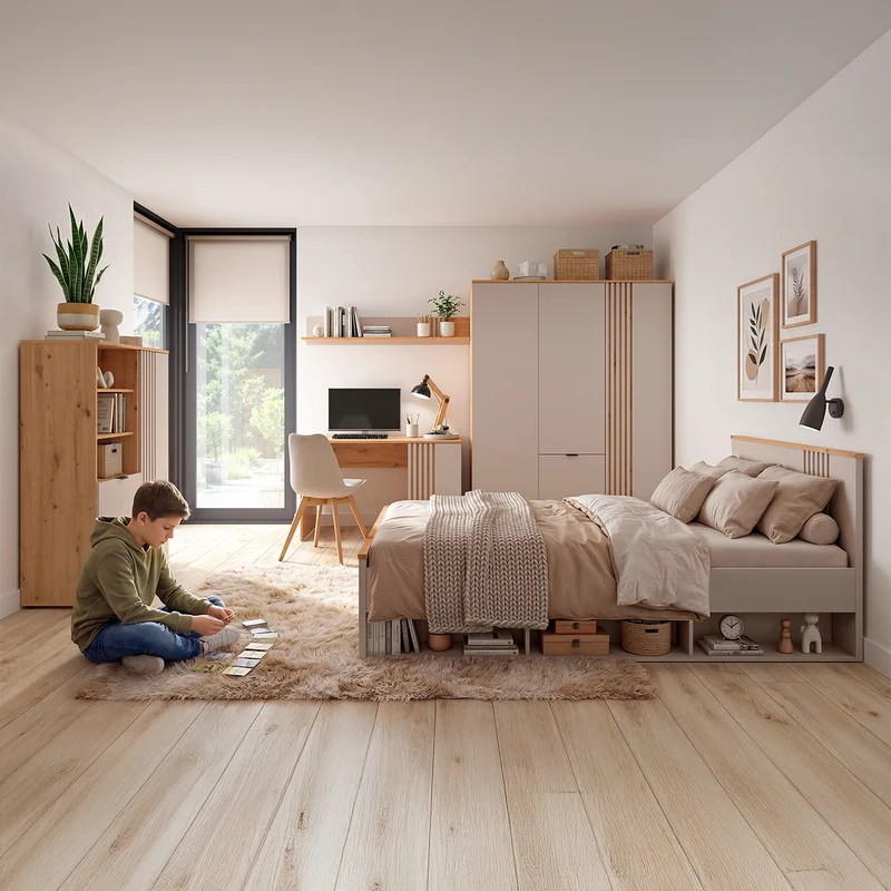 Lit 90x200 sommier inclus Ezra Cachemire et Bois