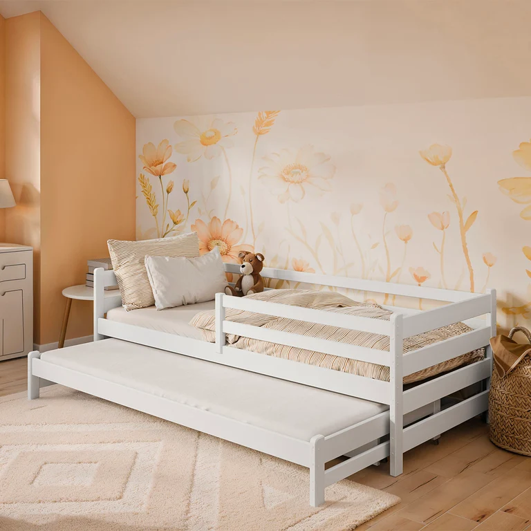 Lit 90x200 sommier lit gigogne et tiroirs inclus Abi Blanc