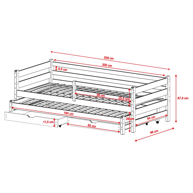 Lit 90x200 sommier lit gigogne et tiroirs inclus Abi Blanc