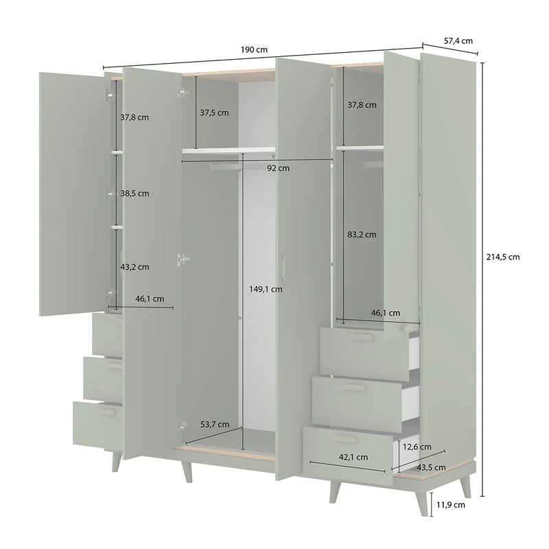 Armoire 4 portes 6 tiroirs Sandy Vert