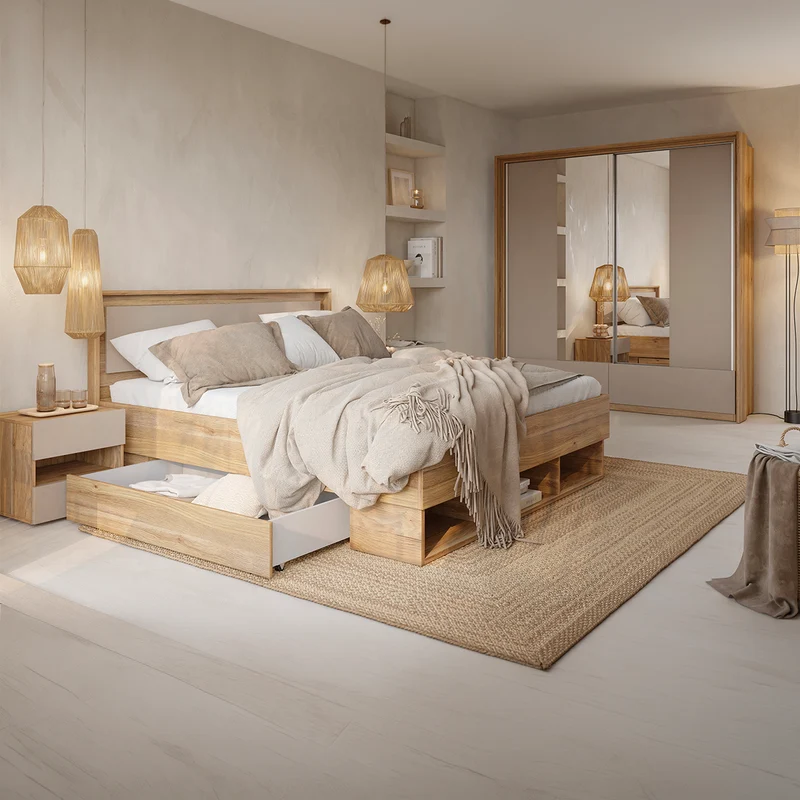 Chevet 2 tiroirs 1 niche Iséa Taupe et Bois