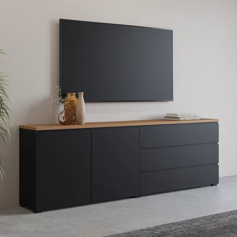 Buffet long 2 portes 3 tiroirs Liko Noir et Bois