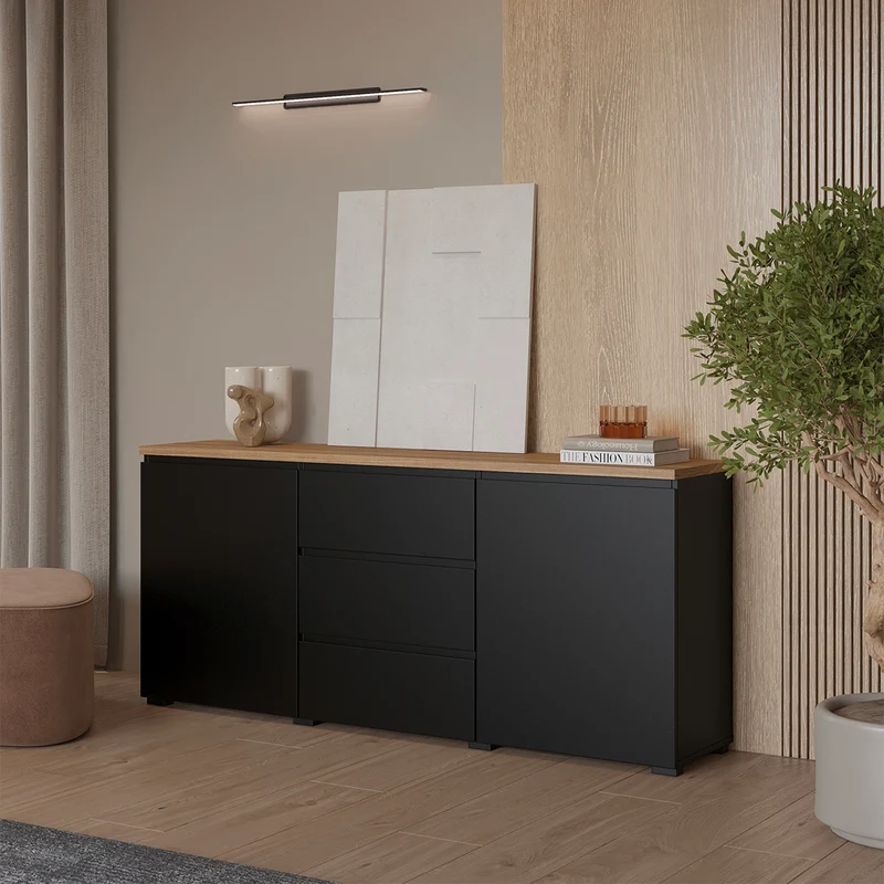 Buffet 2 portes 3 tiroirs Liko Noir et Bois