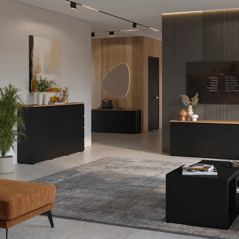 Buffet 2 portes 3 tiroirs Liko Noir et Bois