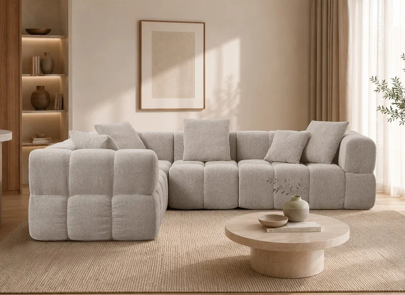 Canapé d'angle en velours texturé beige REBECCA