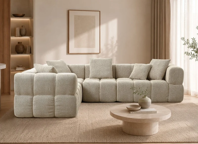 Canapé d'angle en velours texturé taupe REBECCA