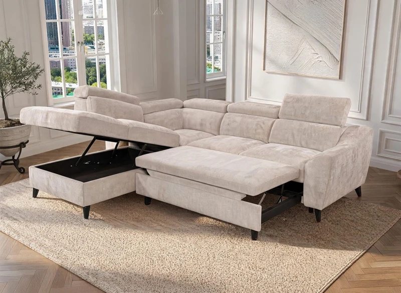 Canapé d'angle convertible avec coffre en velours chiné beige DALTON - Angle gauche