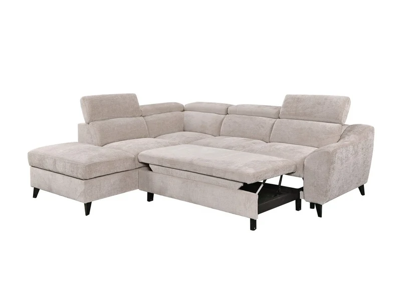 Canapé d'angle convertible avec coffre en velours chiné beige DALTON - Angle gauche