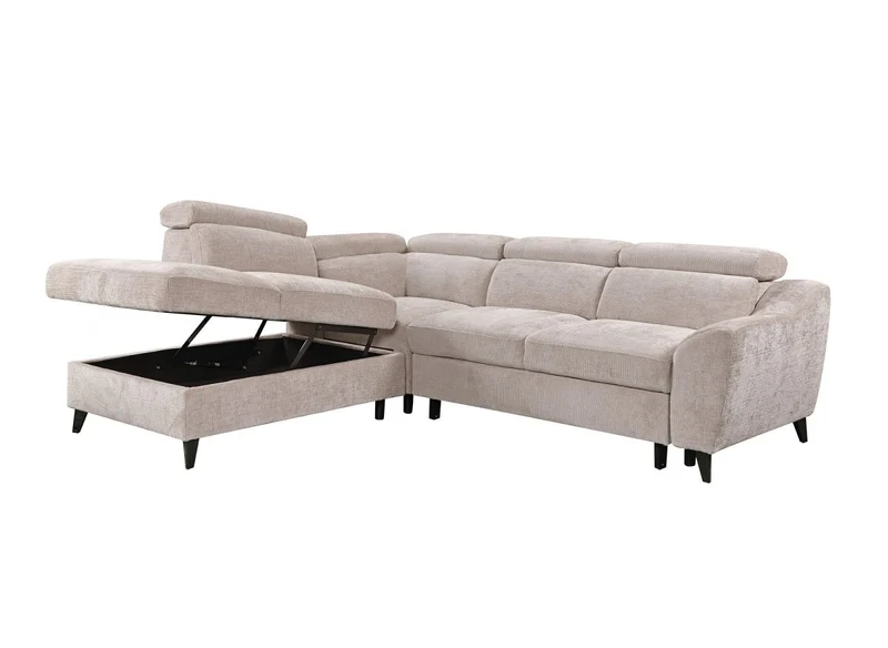 Canapé d'angle convertible avec coffre en velours chiné beige DALTON - Angle gauche