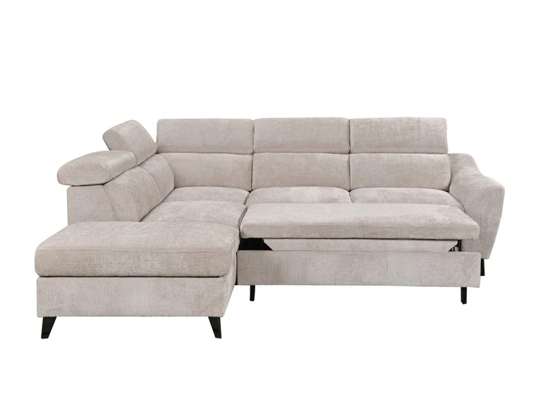 Canapé d'angle convertible avec coffre en velours chiné beige DALTON - Angle gauche