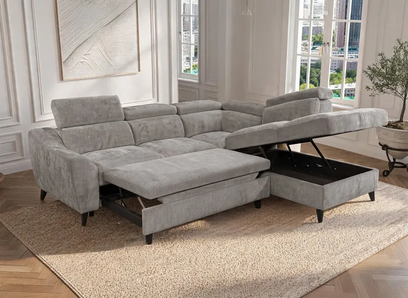 Canapé d'angle convertible avec coffre en velours chiné gris DALTON - Angle droit