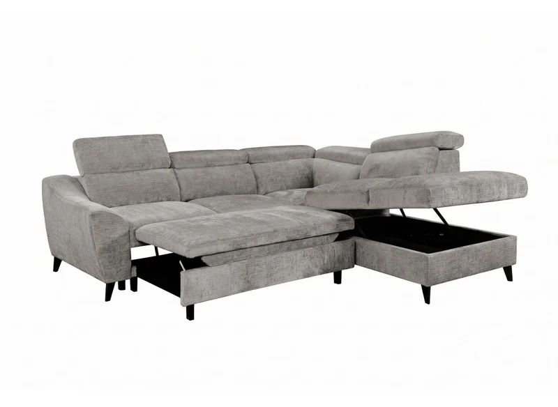 Canapé d'angle convertible avec coffre en velours chiné gris DALTON - Angle droit