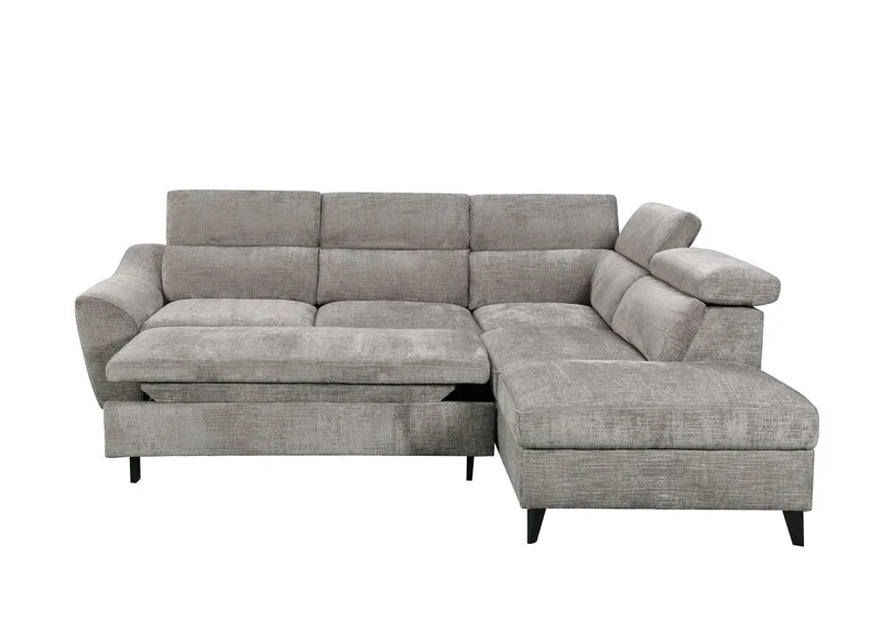 Canapé d'angle convertible avec coffre en velours chiné gris DALTON - Angle droit