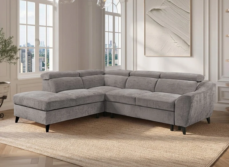 Canapé d'angle convertible avec coffre en velours chiné gris DALTON - Angle gauche