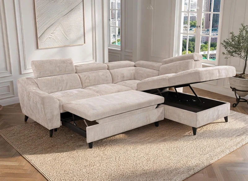 Canapé d'angle convertible avec coffre en velours chiné beige DALTON - Angle droit