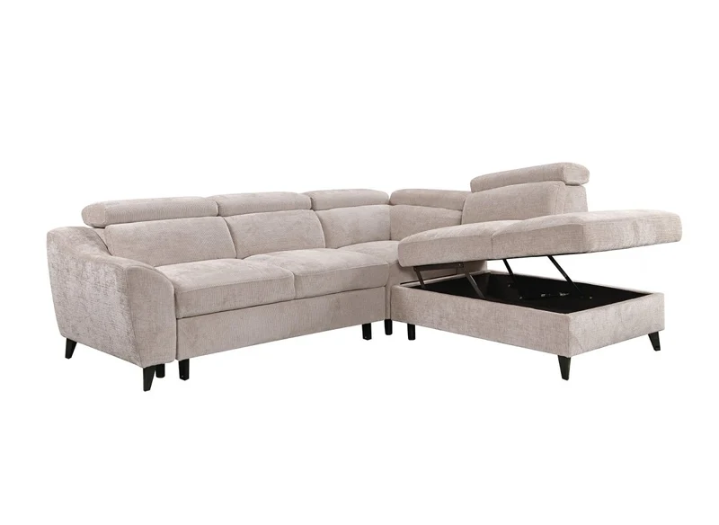 Canapé d'angle convertible avec coffre en velours chiné beige DALTON - Angle droit