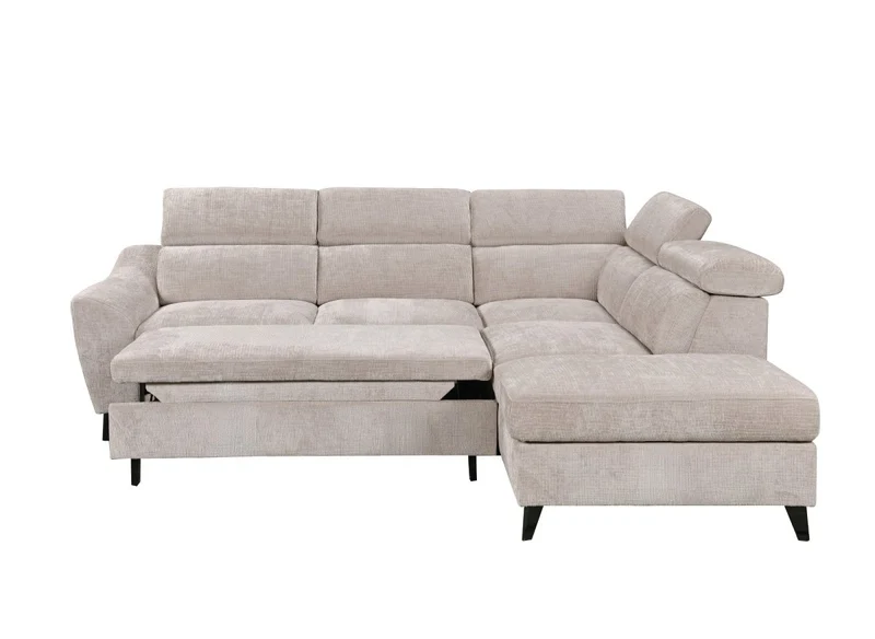 Canapé d'angle convertible avec coffre en velours chiné beige DALTON - Angle droit