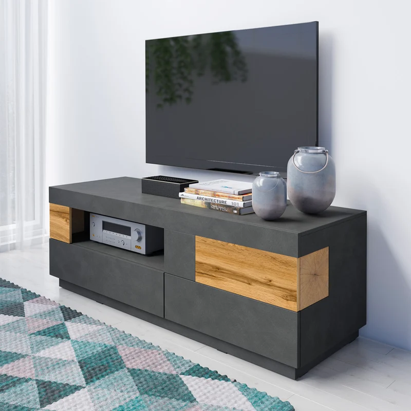 Meuble TV 1 porte 2 tiroirs 160 cm Andrea Gris anthracite et Bois