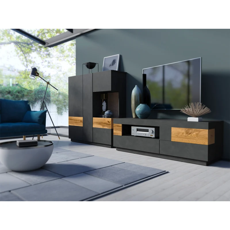 Meuble TV 1 porte 2 tiroirs 160 cm Andrea Gris anthracite et Bois
