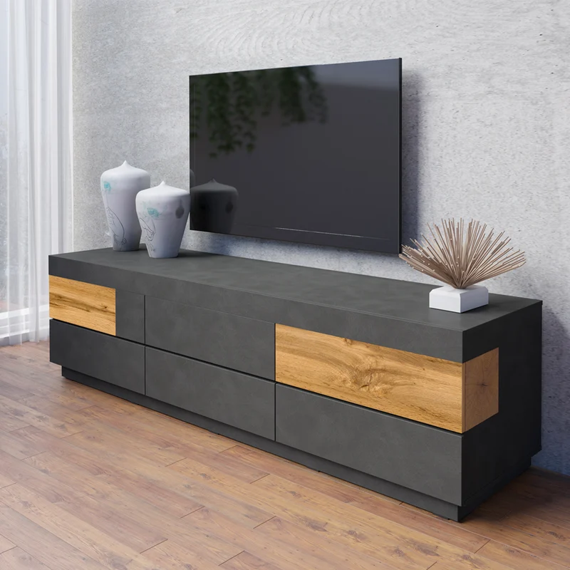 Meuble TV 6 tiroirs 206 cm Andrea Gris anthracite et Bois