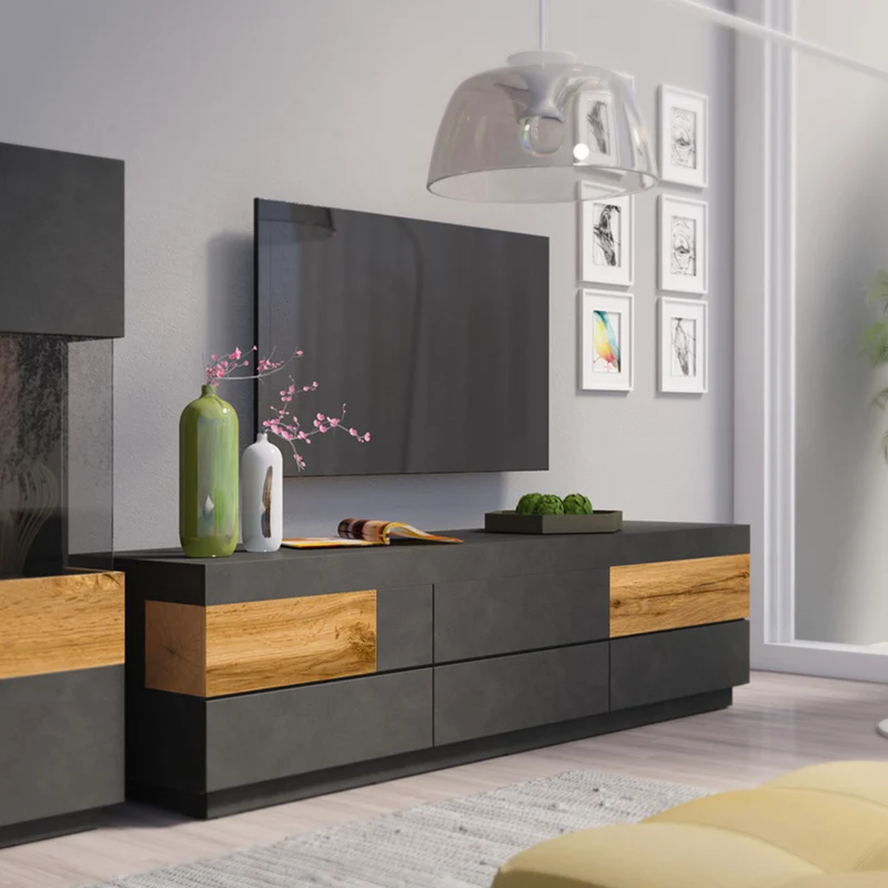 Meuble TV 6 tiroirs 206 cm Andrea Gris anthracite et Bois