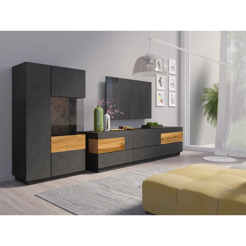 Meuble TV 6 tiroirs 206 cm Andrea Gris anthracite et Bois