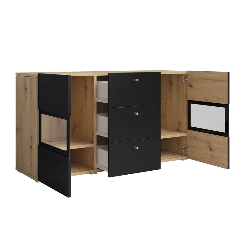 Buffet 2 portes 3 tiroirs avec LED Sloan Noir et Bois