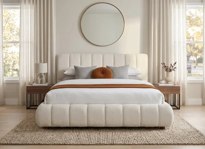 Lit double en tissu bouclette beige 160x200 cm RILEY