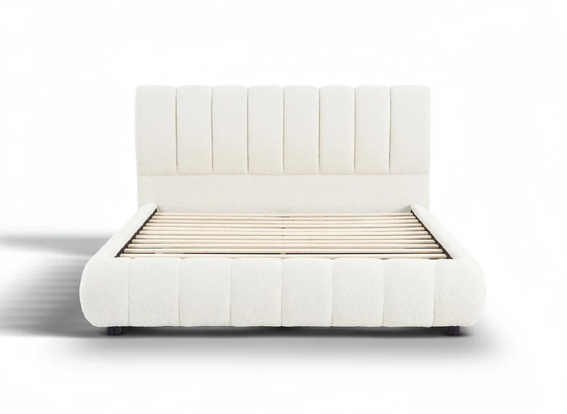Lit double en tissu bouclette beige 160x200 cm RILEY