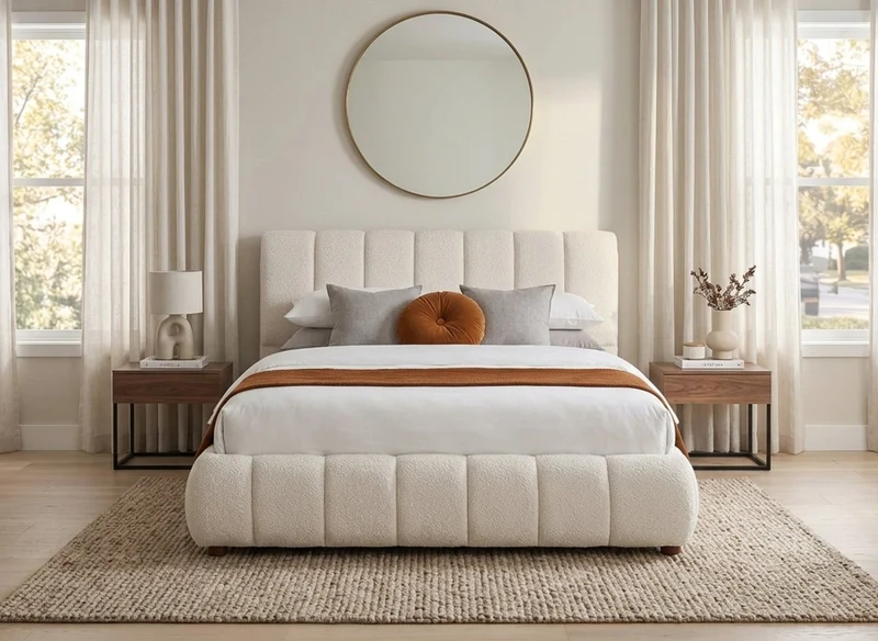 Lit double en tissu bouclette beige 140x190 cm RILEY