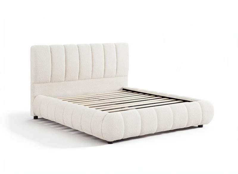 Lit double en tissu bouclette beige 140x190 cm RILEY