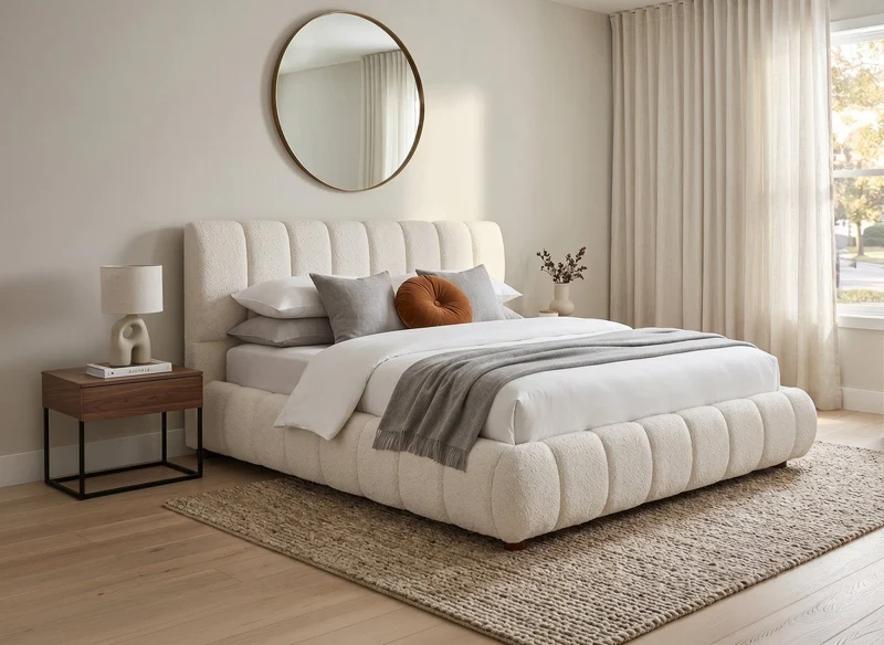 Lit coffre en tissu bouclette beige 180x200 cm RILEY