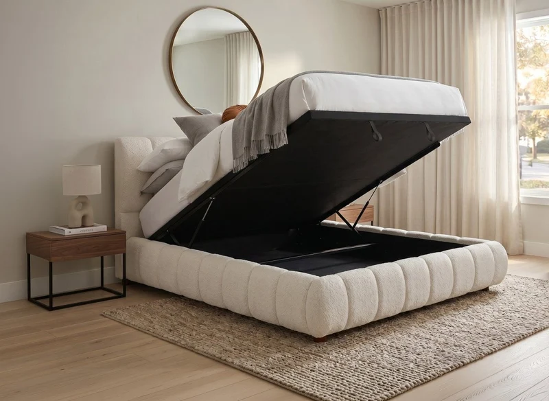 Lit coffre en tissu bouclette beige 180x200 cm RILEY
