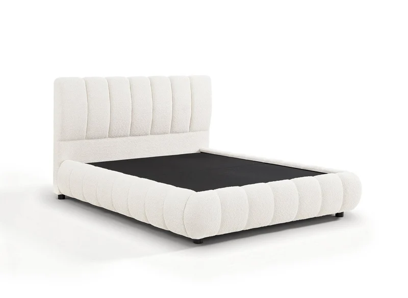 Lit coffre en tissu bouclette beige 140x190 cm RILEY
