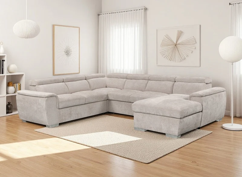 Canapé panoramique convertible avec coffre en velours chiné beige GAELLE - Angle droit