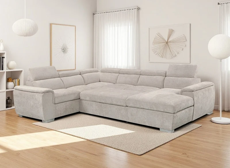 Canapé panoramique convertible avec coffre en velours chiné beige GAELLE - Angle droit