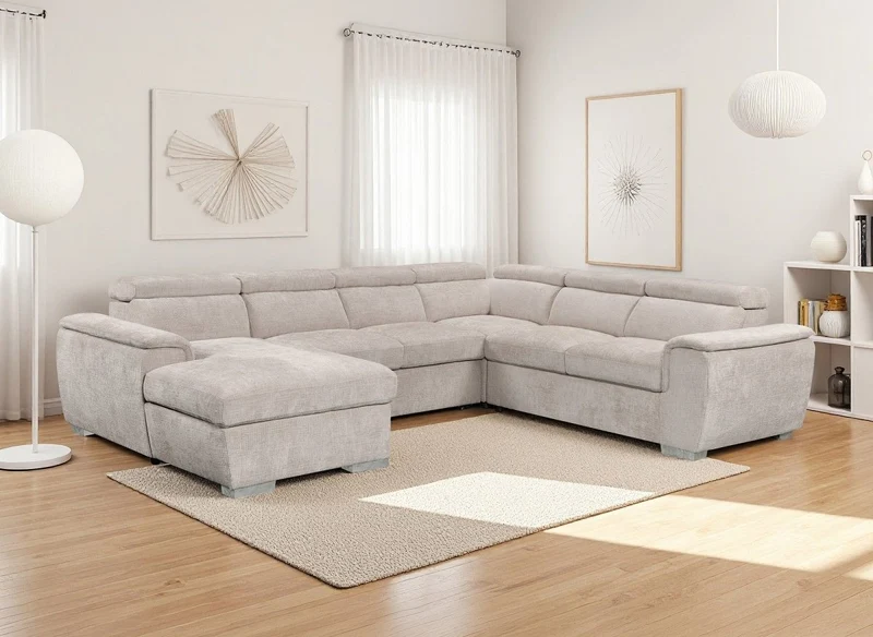 Canapé panoramique convertible avec coffre en velours chiné beige GAELLE - Angle gauche