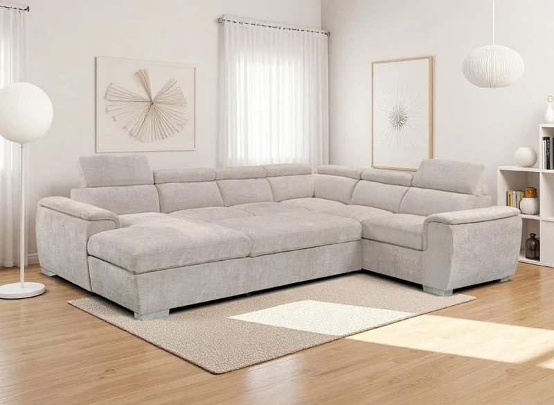 Canapé panoramique convertible avec coffre en velours chiné beige GAELLE - Angle gauche