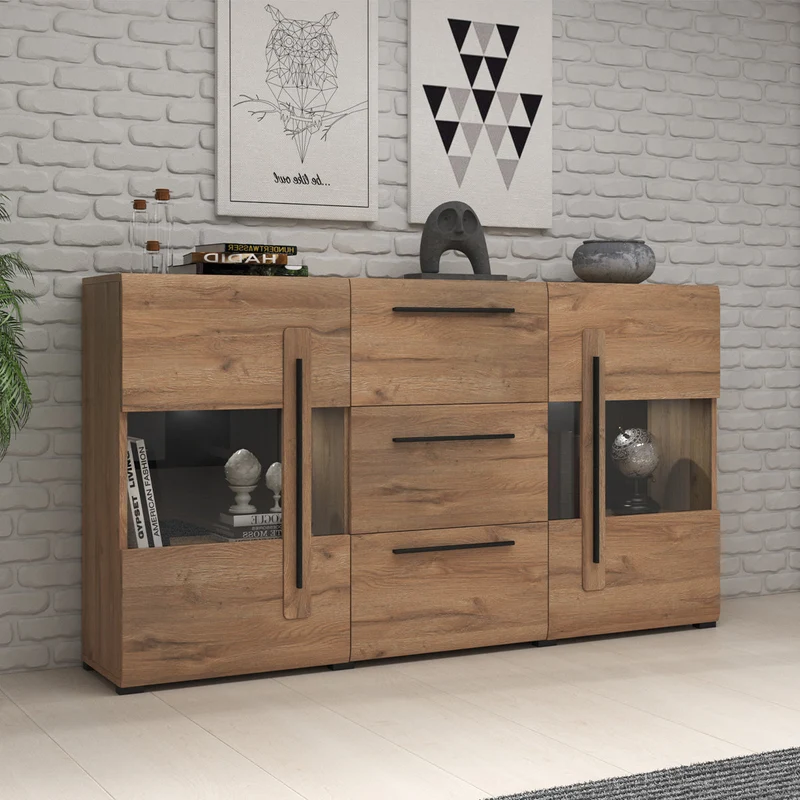 Buffet 2 portes 3 tiroirs avec LED Louis Bois