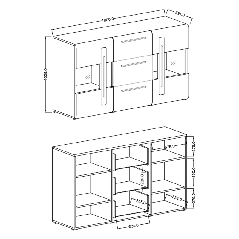 Buffet 2 portes 3 tiroirs avec LED Louis Bois