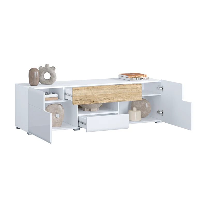 Meuble TV 2 portes 2 tiroirs 159 cm Jules Blanc et Bois