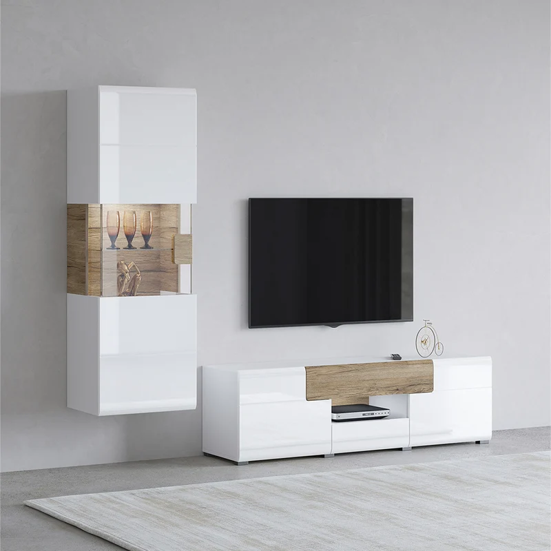 Vitrine murale 1 porte avec LED Jules Blanc et Bois