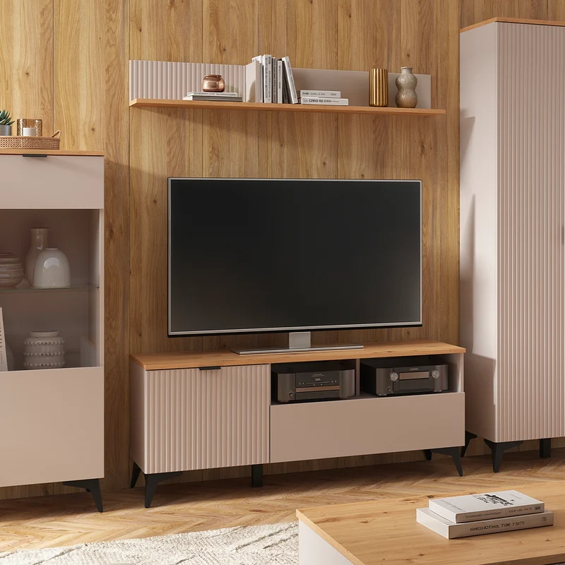 Meuble TV 1 porte 1 tiroir 135 cm Vicky Cachemire et Bois