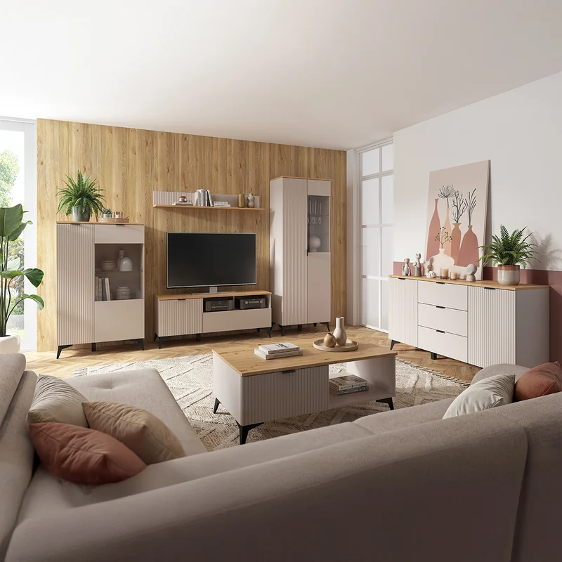 Meuble TV 1 porte 1 tiroir 135 cm Vicky Cachemire et Bois
