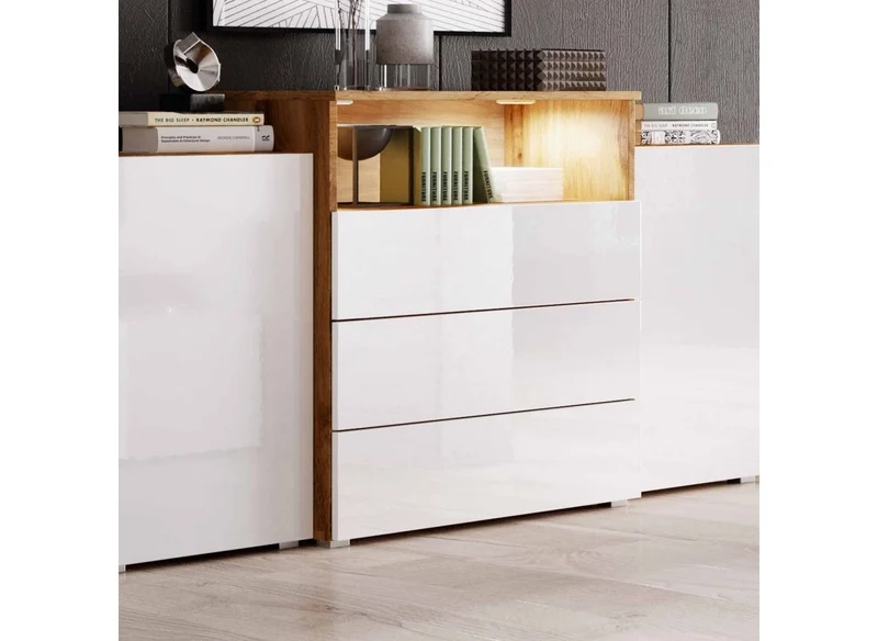 Buffet commodes 2 portes 3 tiroirs chêne et blanc avec LED - MARCEL