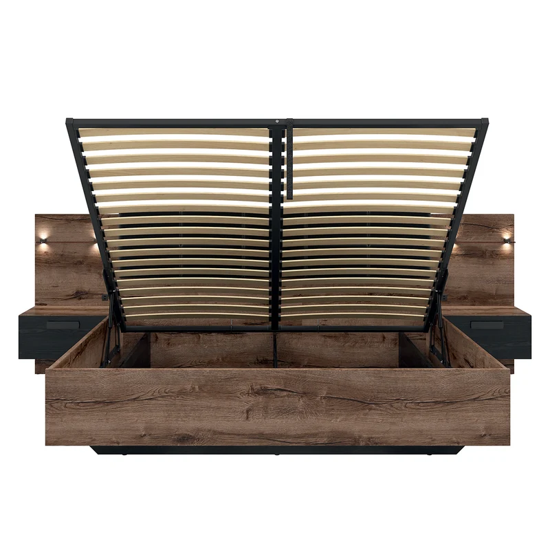 Lit coffre 180x200 sommier chevet LED et prise USB inclus Romane Bois